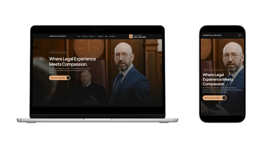 Anderson and Associates website design on desktop and mobile with legal services and a consultation button