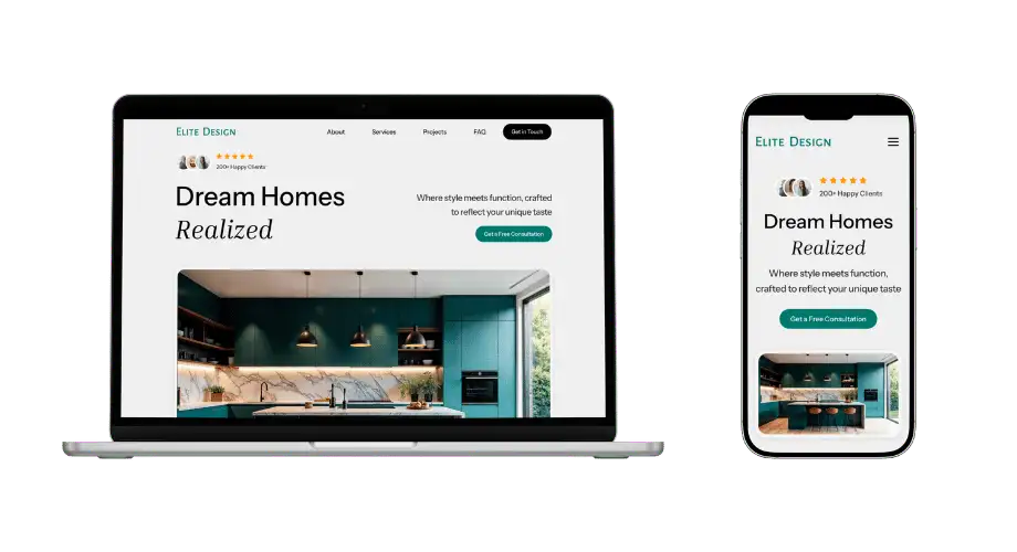 Elite Design custom website with home interiors and a mobile consultation call to action