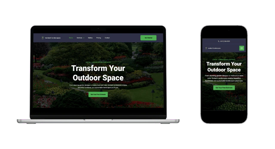 Verdant Landscapes website design shown on a laptop and phone, with clear services and a request-an-estimate button