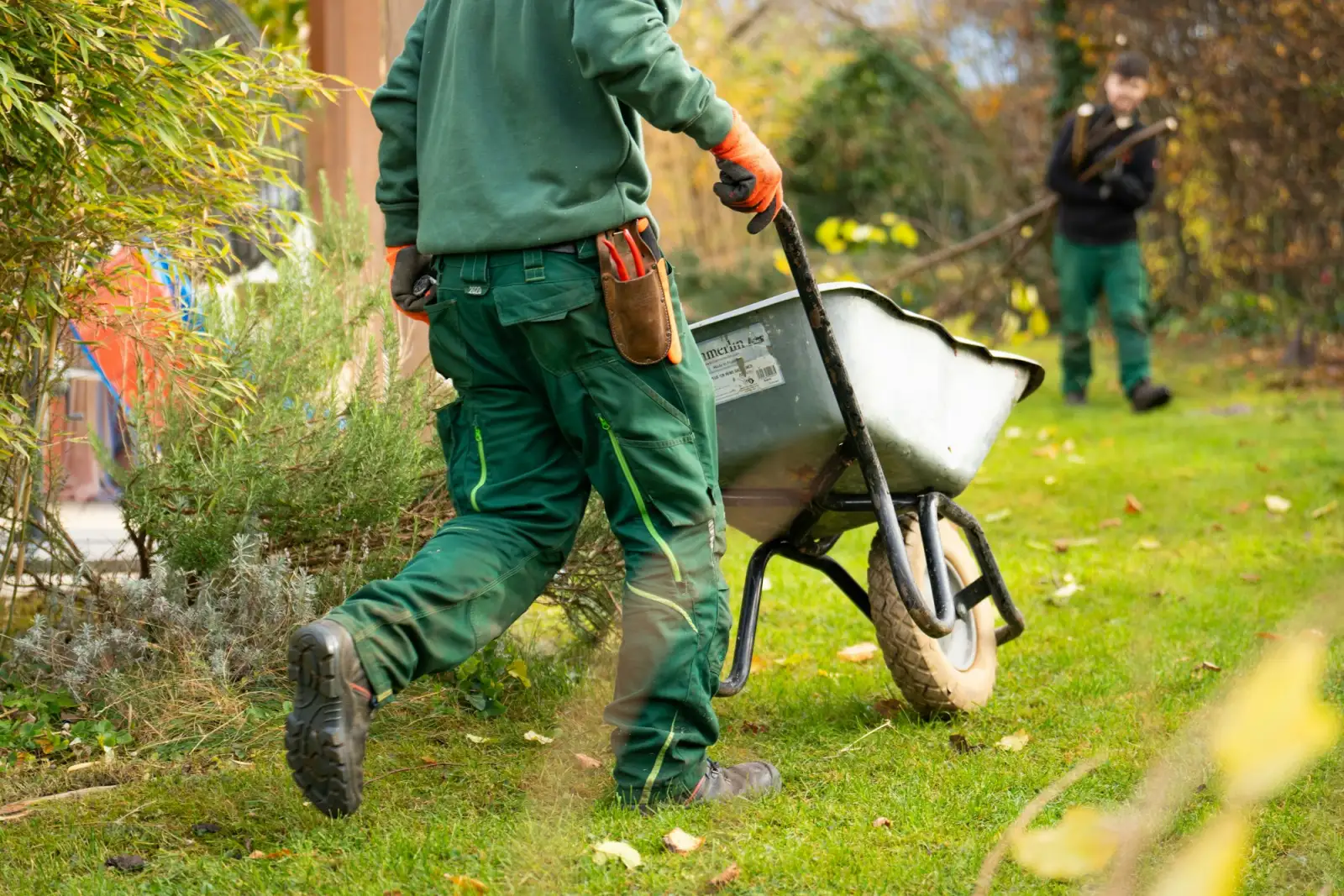 A landscaper in a green uniform pulling a wheelbarrow across a lawn