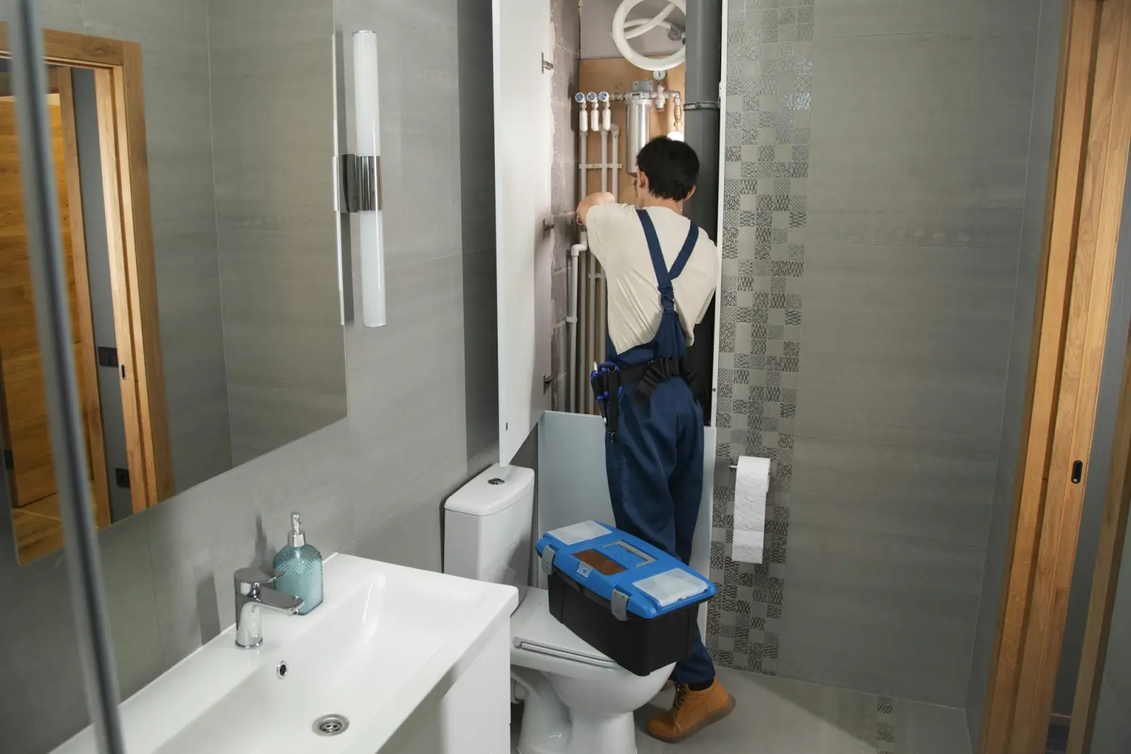A maintenance technician with a toolbox working in a bathroom